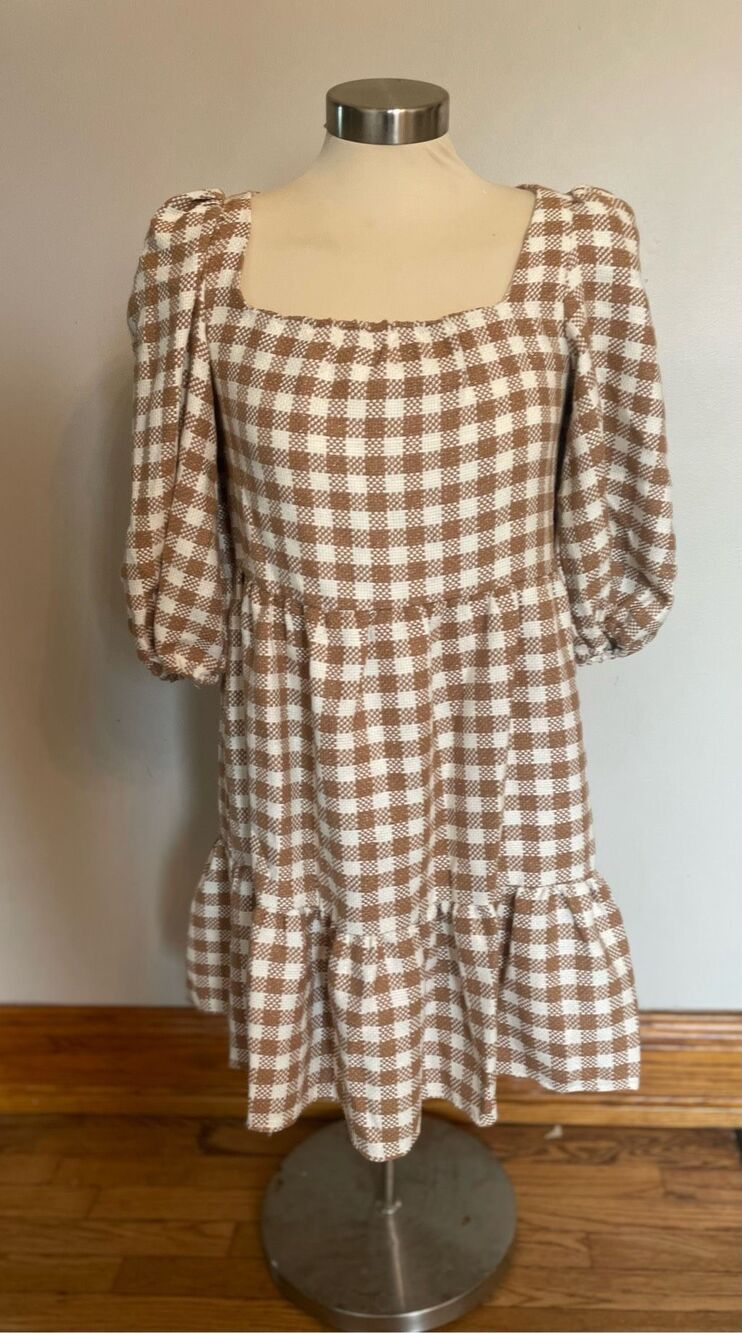 By The River Tan and Cream Plaid Dress Puff Sleeve Tiered Midi Small New